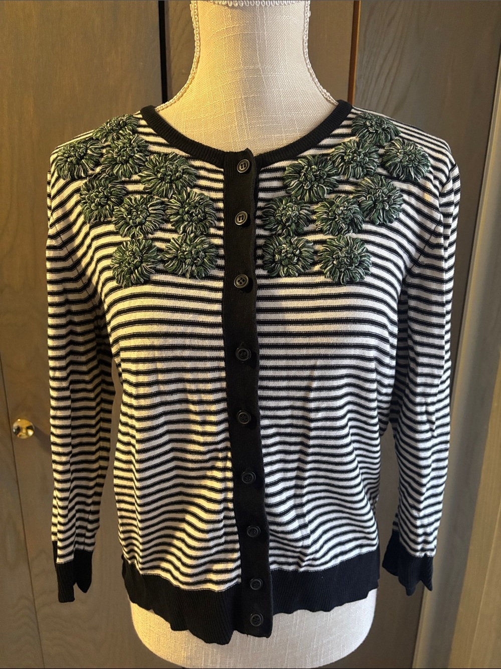 Anthropologie Tabitha Striped Embroidered Floral Cardigan Sweater Retro Knit